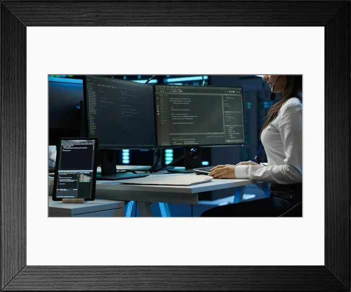 Framed Print : Technician in data center provides technical support to users Framed Print : Technician in data center provides technical support to users