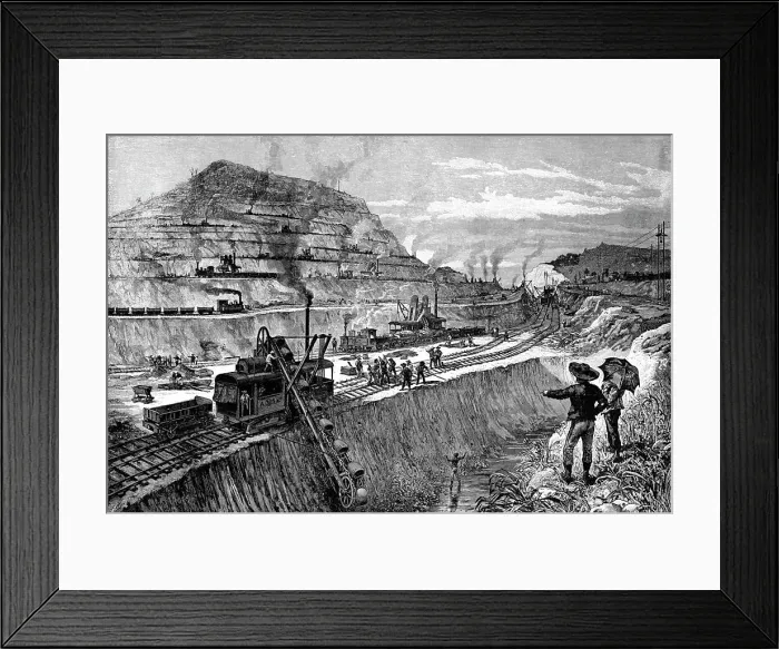 Framed Print : 1900S Engraving Of Construction Of The Panama Canal Steam Shovel On Rails Doing The Excavation Digging Cutting