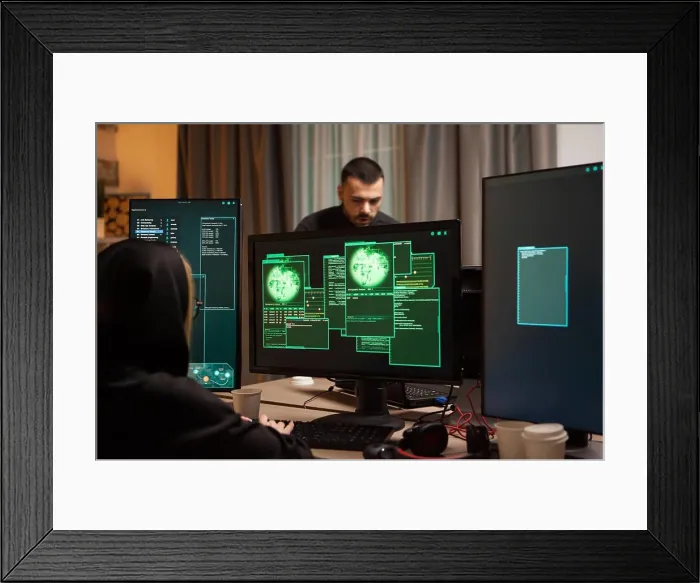 Framed Print : Back view of female hacker writing a malicious malware Framed Print : Back view of female hacker writing a malicious malware