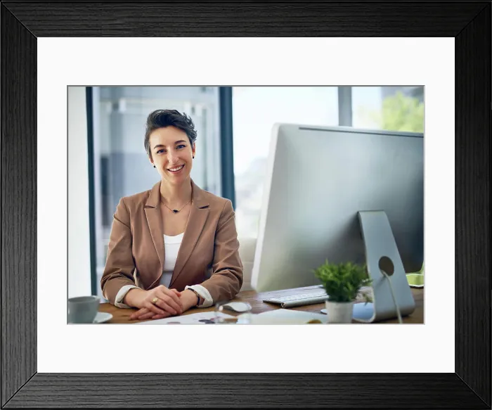 Framed Print : Computer, happy and portrait of woman in office for business research