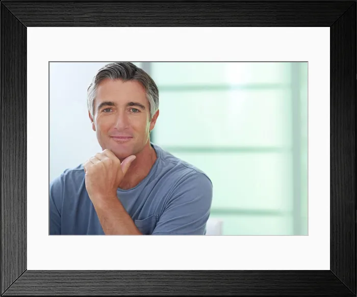 Framed Print : Mature man, portrait and home with smile and relax on the weekend with calm break Framed Print : Mature man, portrait and home with smile and relax on the weekend with calm break