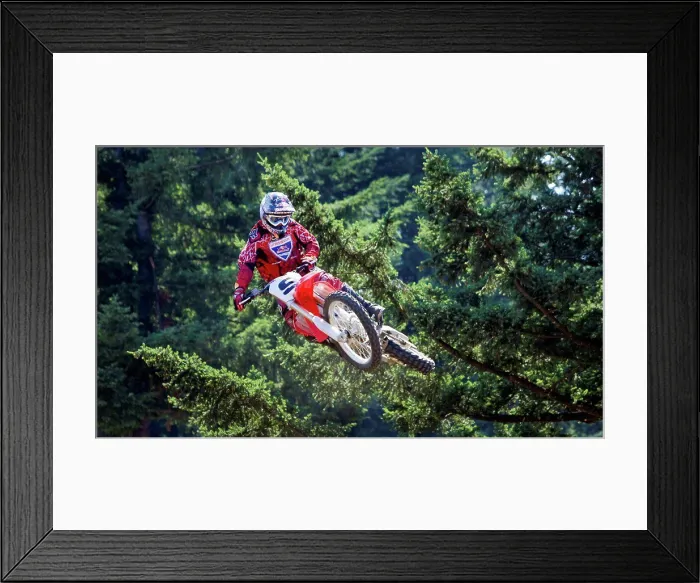 Framed Print : 2008 Honda CRF 450R with rider Ivan Tedesco on dirt track course in forest, mid air jump Framed Print : 2008 Honda CRF 450R with rider Ivan Tedesco on dirt track course in forest, mid air jump