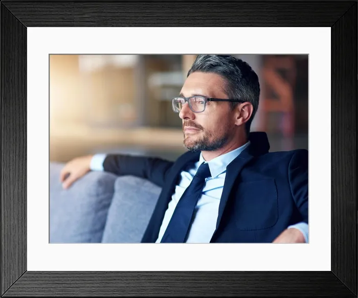 Framed Print : Thinking, business man and sofa in office for startup inspiration Framed Print : Thinking, business man and sofa in office for startup inspiration