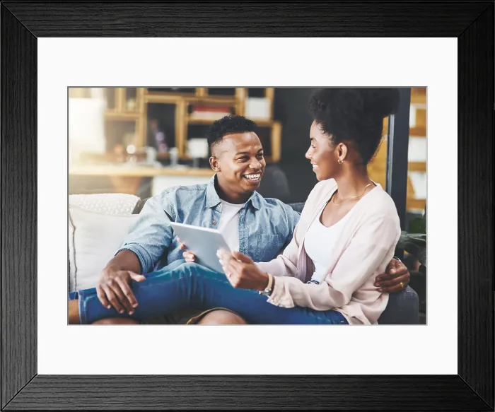 Framed Print : Black couple, bonding and happy with tablet in home for digital app Framed Print : Black couple, bonding and happy with tablet in home for digital app