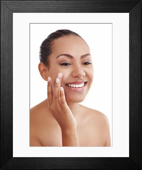 Framed Print : Happy woman, skincare and beauty with cream for facial or moisturizing on a white studio background Framed Print : Happy woman, skincare and beauty with cream for facial or moisturizing on a white studio background