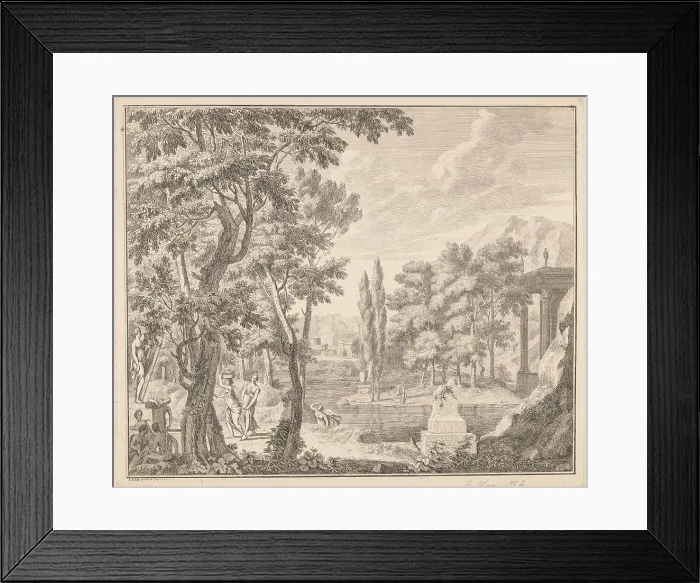 Framed Print : By a water with remnants of Roman ruins on the shore stands a statue of the goddess Diana