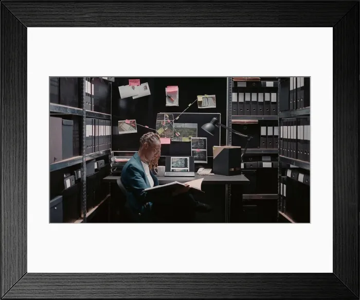 Framed Print : Private investigator reviewing new case evidence Framed Print : Private investigator reviewing new case evidence