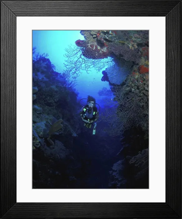 Framed Print : Scuba diver in gap between rocks Framed Print : Scuba diver in gap between rocks
