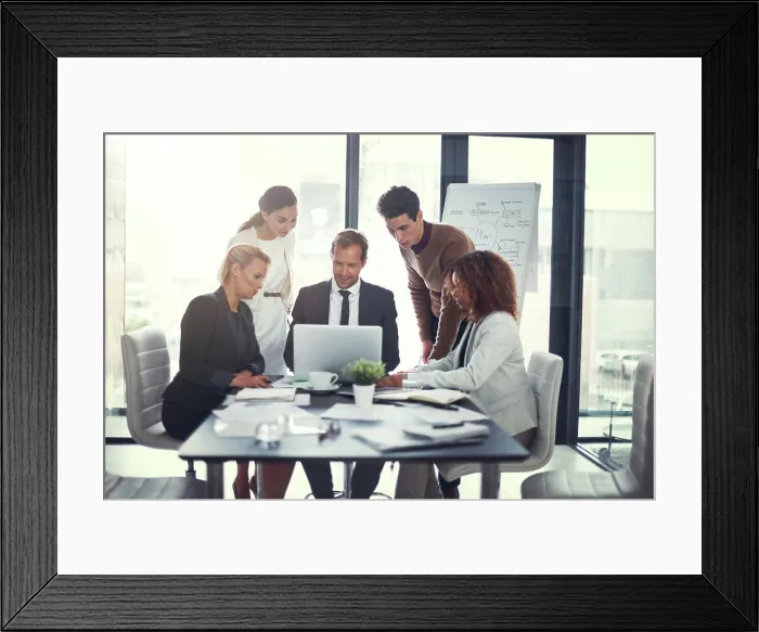 Framed Print : Corporate, man and staff on laptop in meeting of insurance report Framed Print : Corporate, man and staff on laptop in meeting of insurance report