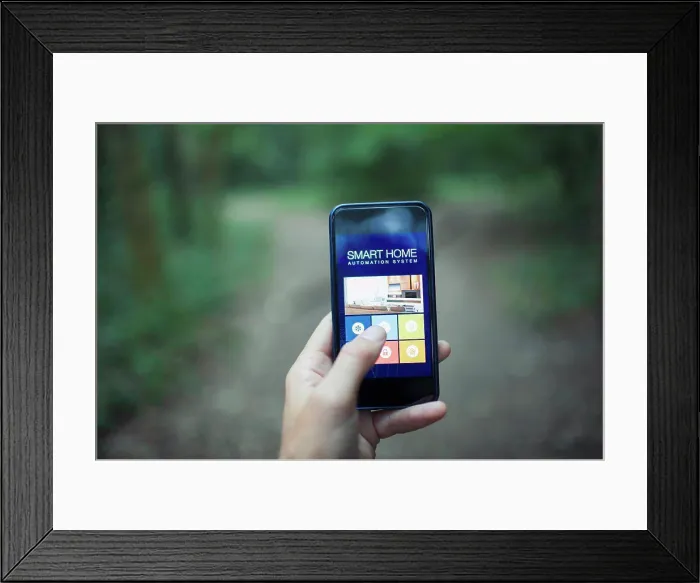 Framed Print : Close up POV home automation app on smart phone screen Framed Print : Close up POV home automation app on smart phone screen