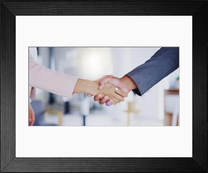 Framed Print : Partnership, collaboration and handshake in office for business deal Framed Print : Partnership, collaboration and handshake in office for business deal