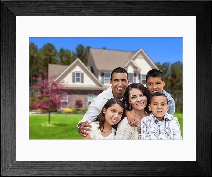 Framed Print : Happy hispanic family portrait in front of beautiful house Framed Print : Happy hispanic family portrait in front of beautiful house