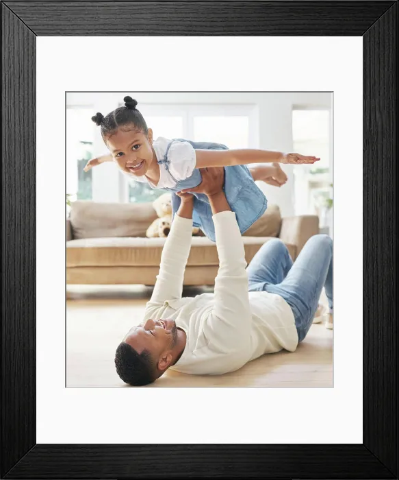 Framed Print : Dad, girl and portrait with airplane game for childhood fun Framed Print : Dad, girl and portrait with airplane game for childhood fun