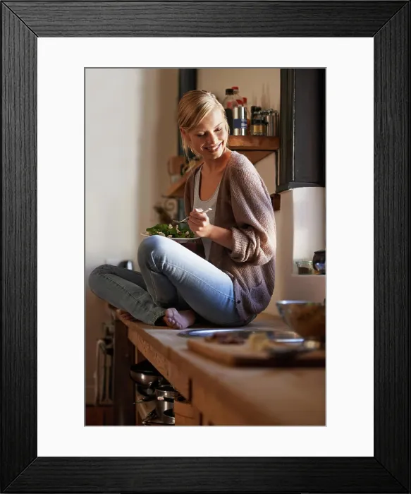Framed Print : Happy, woman and eating salad in kitchen at home Framed Print : Happy, woman and eating salad in kitchen at home