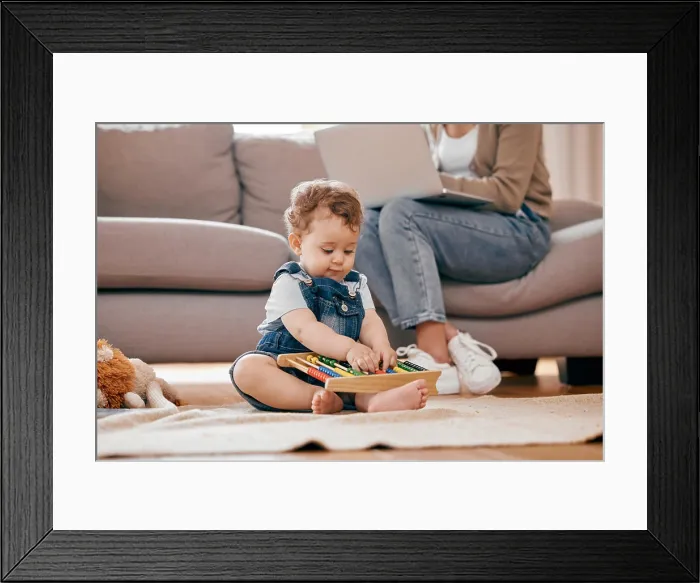 Framed Print : Baby, abacus and playing on home floor for motor skills Framed Print : Baby, abacus and playing on home floor for motor skills