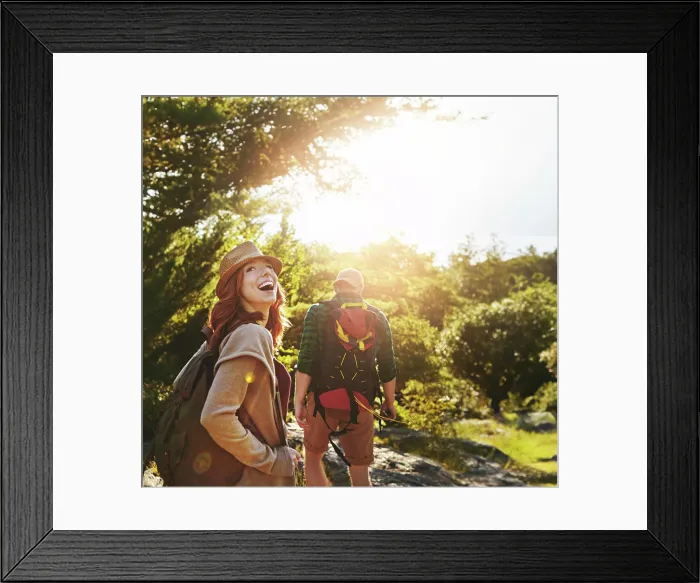 Framed Print : Nature, hiking and couple walking on adventure holiday in mountain with trees Framed Print : Nature, hiking and couple walking on adventure holiday in mountain with trees
