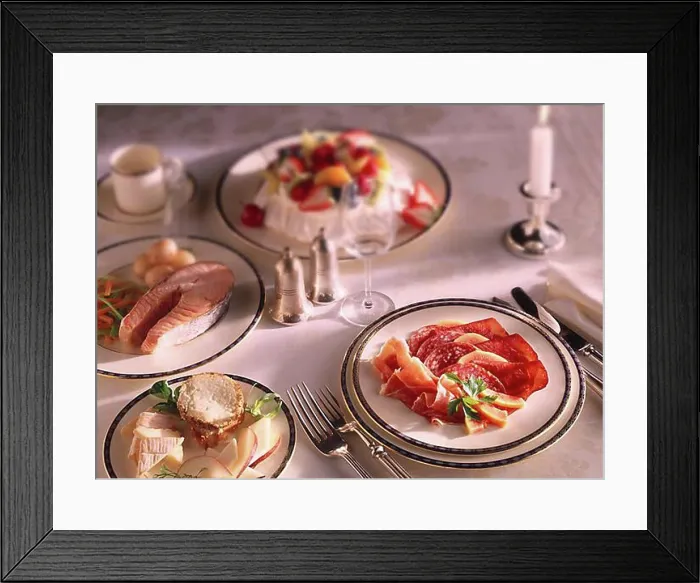 Framed Print : Table setting, starter Charcutterie, main course Salmon Steak, dessert Pavlova Framed Print : Table setting, starter Charcutterie, main course Salmon Steak, dessert Pavlova