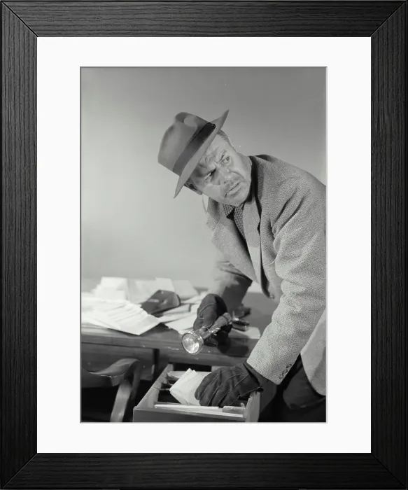 Framed Print : Vintage Photograph. Man dressed as thief rummaging through desk drawer with flashlight in hand, Frame 2 Framed Print : Vintage Photograph. Man dressed as thief rummaging through desk drawer with flashlight in hand, Frame 2