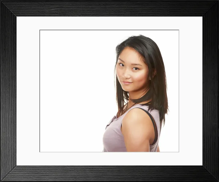 Framed Print : Happy, asian woman and portrait with natural beauty or haircare on a white studio background Framed Print : Happy, asian woman and portrait with natural beauty or haircare on a white studio background
