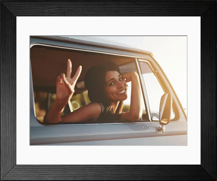 Framed Print : Woman, portrait and peace in van for travel Framed Print : Woman, portrait and peace in van for travel