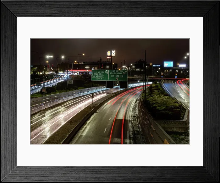 Framed Print : Stockholm, Sweden Traffic at night on the Essingeleden highway and directional signs Framed Print : Stockholm, Sweden Traffic at night on the Essingeleden highway and directional signs