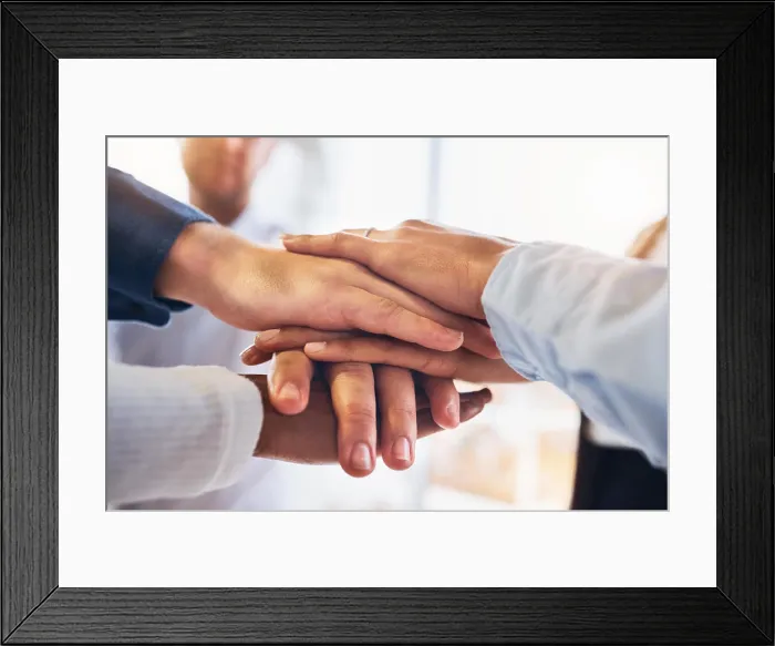 Framed Print : Teamwork, support and motivation with hands of business people for community Framed Print : Teamwork, support and motivation with hands of business people for community
