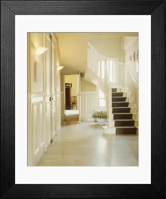 Framed Print : Dark grey carpet on white staircase in white hall with white flooring Framed Print : Dark grey carpet on white staircase in white hall with white flooring