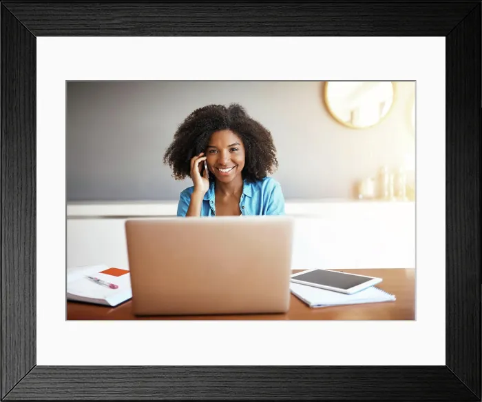 Framed Print : Woman, business and phone call portrait in home Framed Print : Woman, business and phone call portrait in home