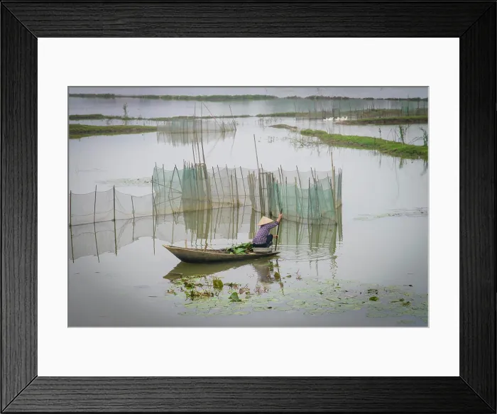 Framed Print : Vietnam, Ninh Binh. Woman on boat, by fish pen. (Large format sizes available) Framed Print : Vietnam, Ninh Binh. Woman on boat, by fish pen. (Large format sizes available)