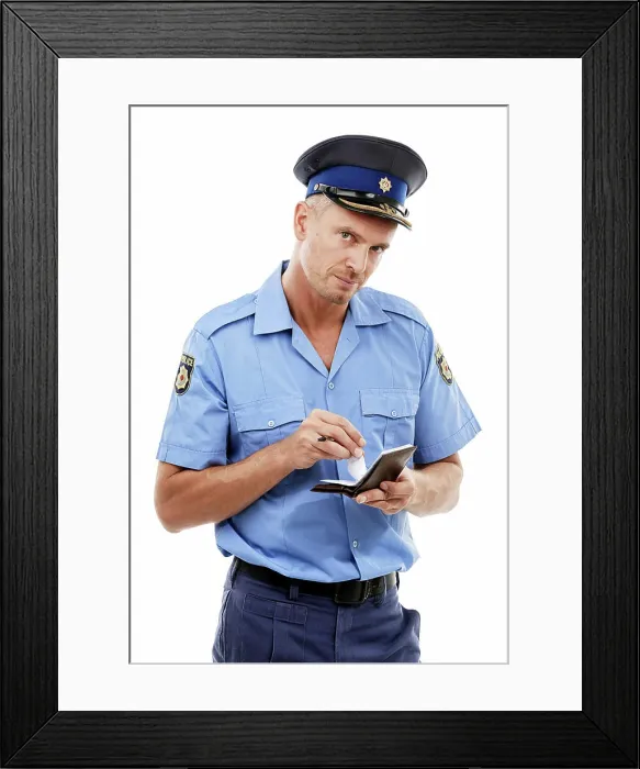 Framed Print : Parking fine, ticket and portrait of police writing on notepad for traffic laws