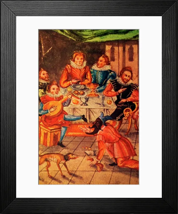 Framed Print : Painting depicting the nobles at a banquet with entertainers. Dated 16th Century Framed Print : Painting depicting the nobles at a banquet with entertainers. Dated 16th Century