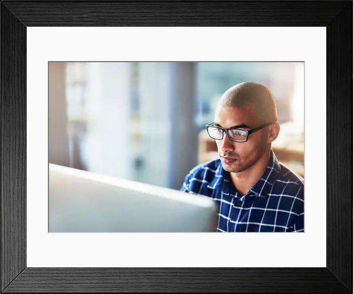 Framed Print : Employee, man and computer in office for internet search Framed Print : Employee, man and computer in office for internet search