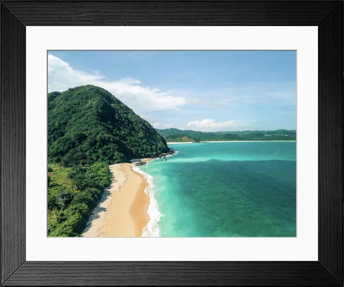 Framed Print : Tropical beach with turquoise waters and lush green hills under a clear blue sky Framed Print : Tropical beach with turquoise waters and lush green hills under a clear blue sky