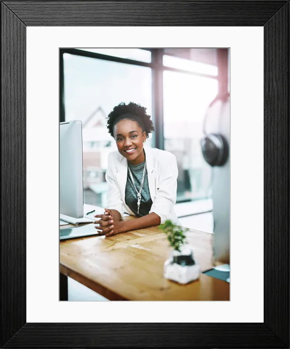 Framed Print : Employee, portrait and black woman with a smile Framed Print : Employee, portrait and black woman with a smile