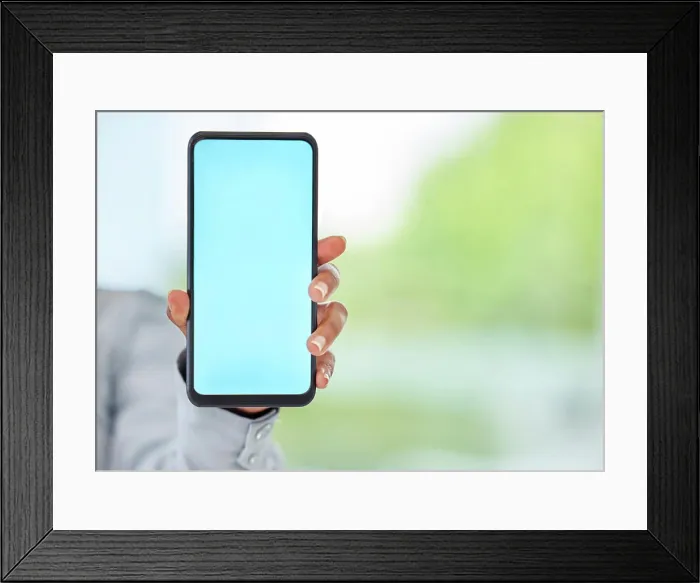 Framed Print : Mockup phone, blank space and blue mobile screen in a hand of a business woman for advertising or marketing Framed Print : Mockup phone, blank space and blue mobile screen in a hand of a business woman for advertising or marketing