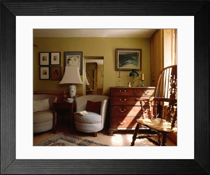 Framed Print : Tub armchairs and antique chest-of-drawers in traditional cottage living room Framed Print : Tub armchairs and antique chest-of-drawers in traditional cottage living room