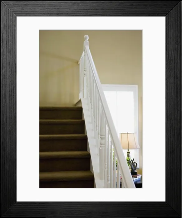 Framed Print : Railing along carpeted staircase