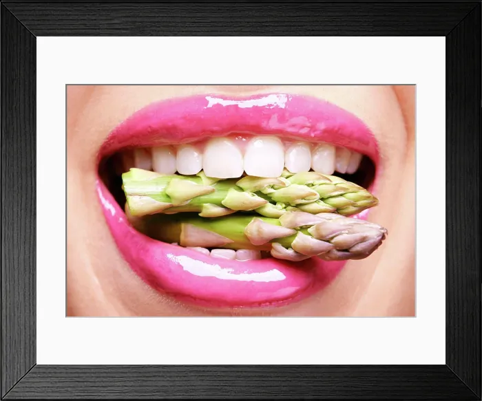 Framed Print : Woman, lipstick and closeup of vegetables in mouth for beauty Framed Print : Woman, lipstick and closeup of vegetables in mouth for beauty