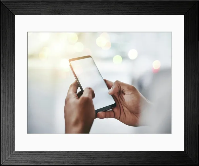 Framed Print : Hands, typing and person with phone screen in office for email
