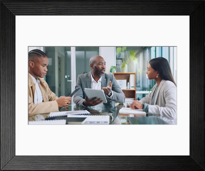 Framed Print : Tablet, group of business people with boss and pitch feedback for project management workshop Framed Print : Tablet, group of business people with boss and pitch feedback for project management workshop