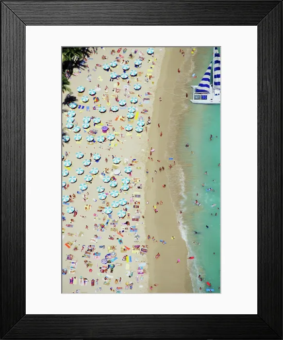 Framed Print : USA, Hawaii, Oahu, Honolulu, Aerial view of tourists on Waikiki Beach; Waikiki