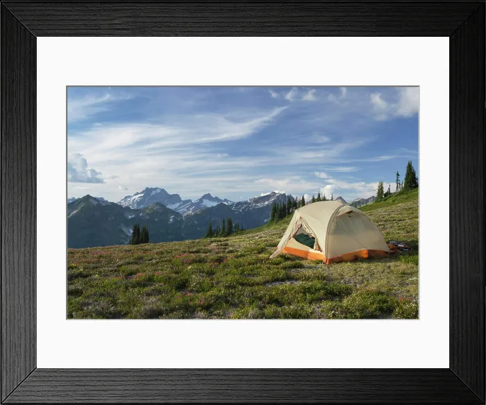 Framed Print : USA, Washington State. North Cascades backcountry camp, Dome Peak in the distance, Glacier Peak Wilderness