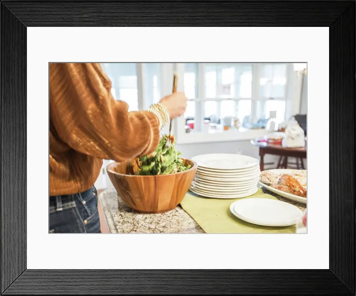 Framed Print : Woman's Hands Mixing Salad in Bright Kitchen Framed Print : Woman's Hands Mixing Salad in Bright Kitchen
