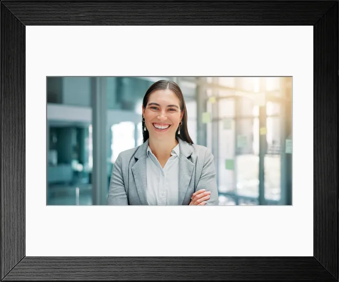 Framed Print : Portrait, employee and woman with smile Framed Print : Portrait, employee and woman with smile