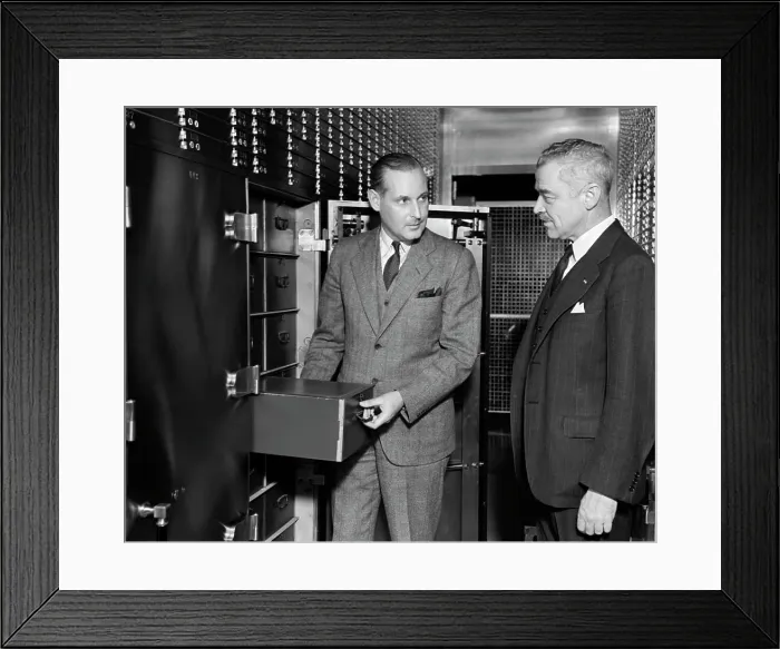Framed Print : 1940S Two Men Bank Open Safety Deposit Box View Vault Savings Bank Security Valuables Retro Vintage Framed Print : 1940S Two Men Bank Open Safety Deposit Box View Vault Savings Bank Security Valuables Retro Vintage