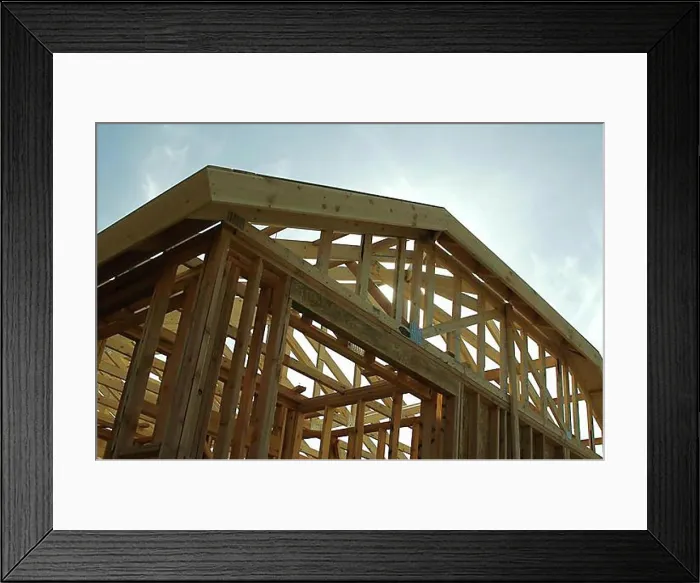 Framed Print : New residential construction home framing site Framed Print : New residential construction home framing site