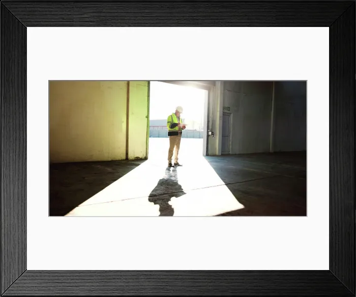 Framed Print : Construction site, empty warehouse and man on tablet for inspection