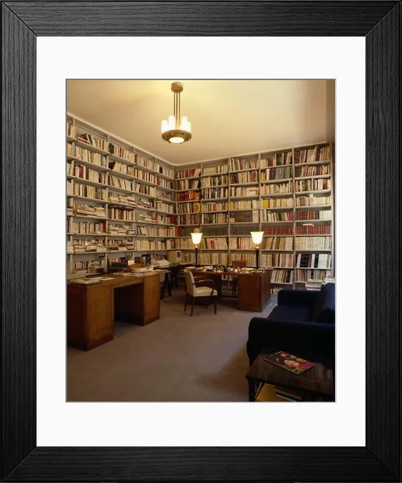 Framed Print : Traditional office with two walls of book shelves and two partner desks Framed Print : Traditional office with two walls of book shelves and two partner desks