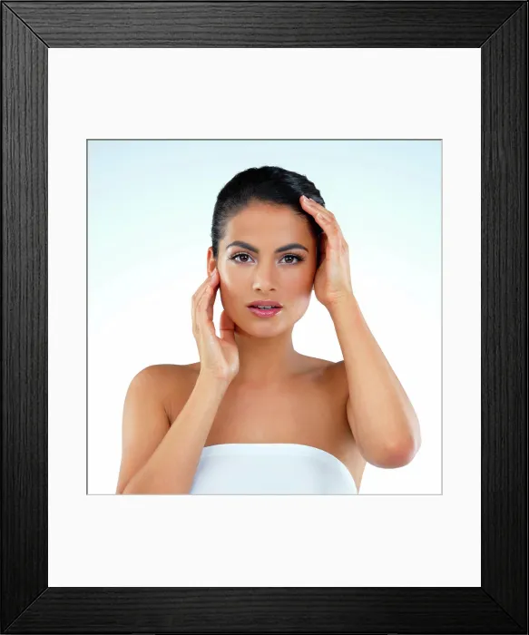 Framed Print : Woman, cosmetics and skincare in studio portrait with hands for wellness Framed Print : Woman, cosmetics and skincare in studio portrait with hands for wellness