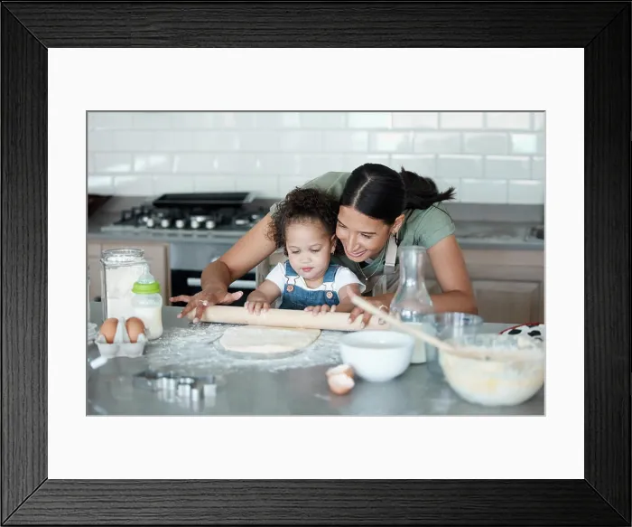 Framed Print : Happy mother, kid and learning baking with rolling pin for dough Framed Print : Happy mother, kid and learning baking with rolling pin for dough